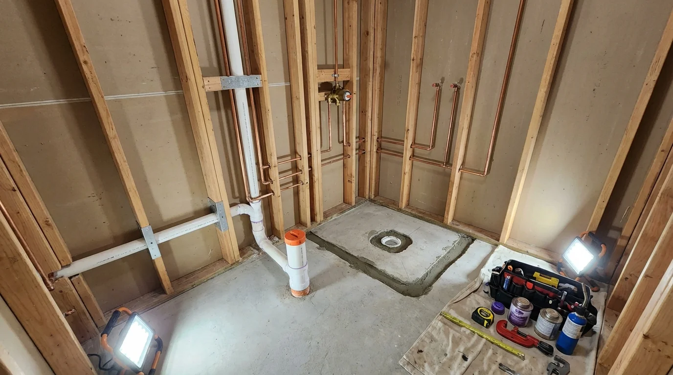 Bathroom rough-in plumbing during remodel by Johns Plumbing LLC in Blue Ridge