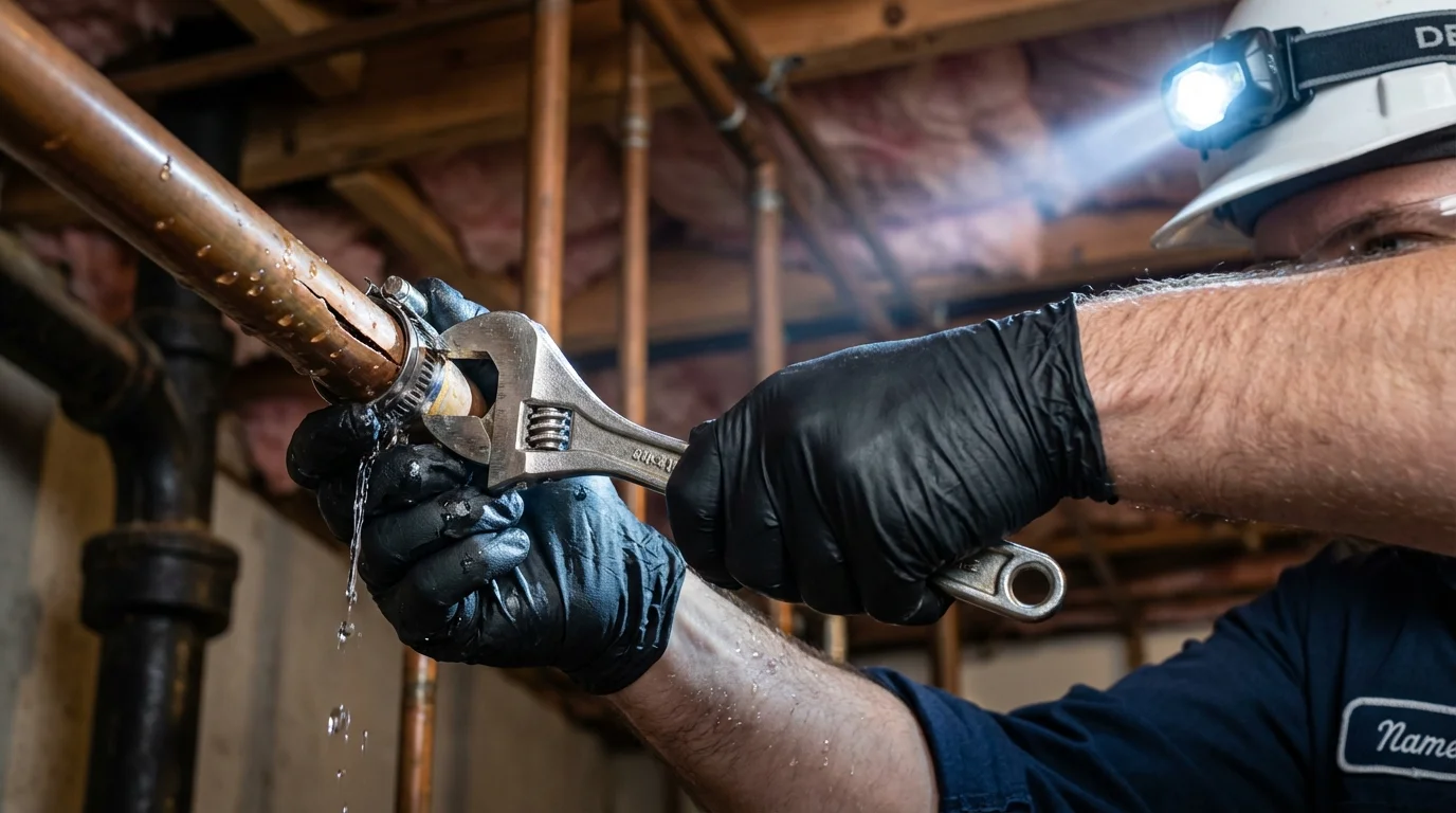 Emergency pipe clamp repair being performed by a Johns Plumbing LLC plumber in Blue Ridge