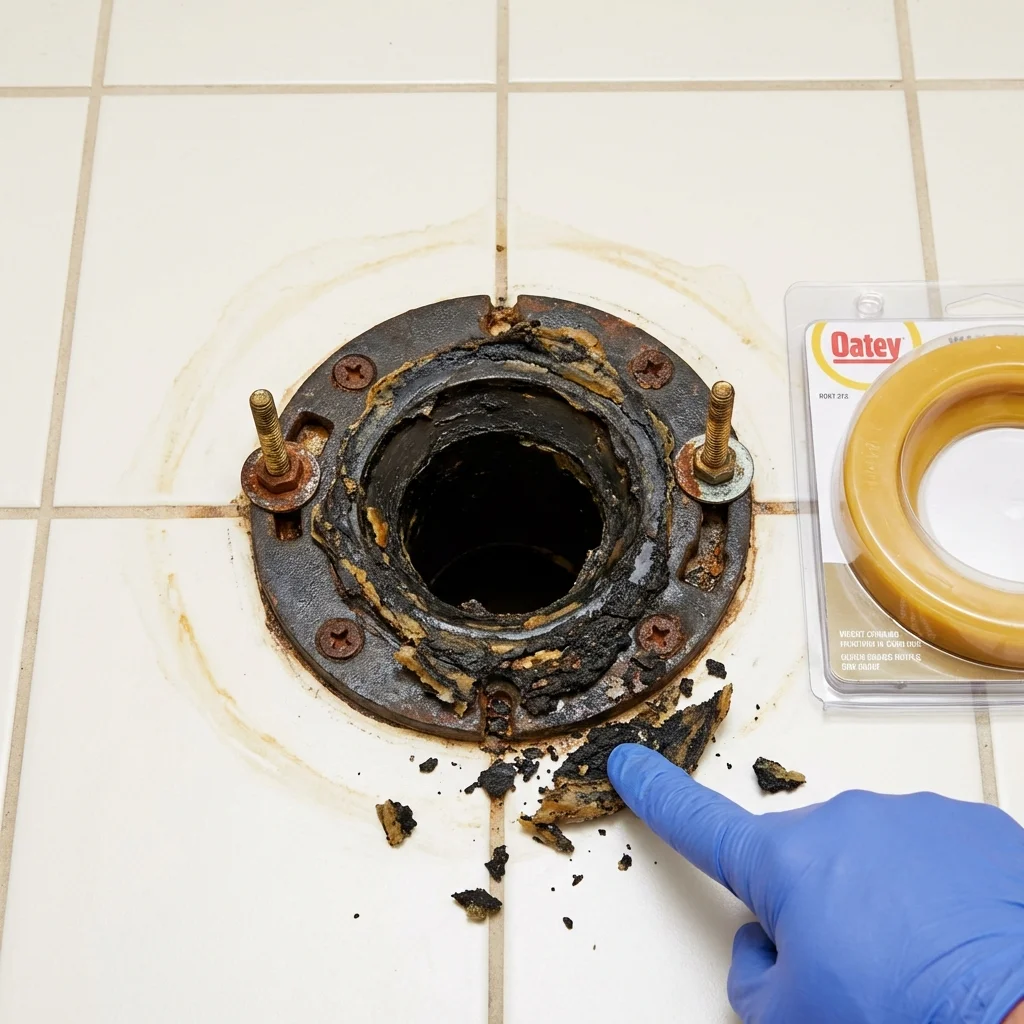 Failed wax ring showing water seepage at the base of a toilet in a Blue Ridge, GA home
