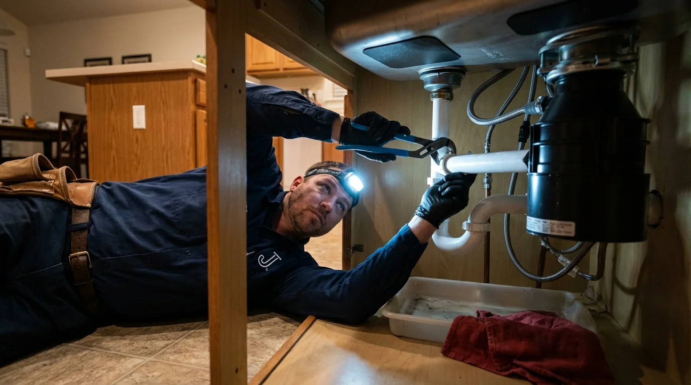 P-trap and supply line connections under a kitchen sink showing a common leak point in Blue Ridge, GA